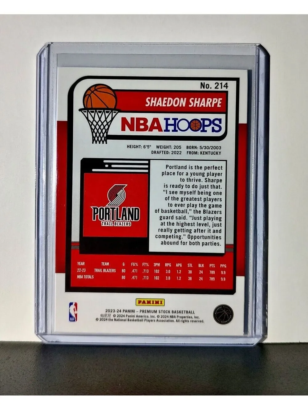 Shaedon Sharpe 2023-24 Panini Premium Stock NBA Hoops #214 Card Trail Blazers